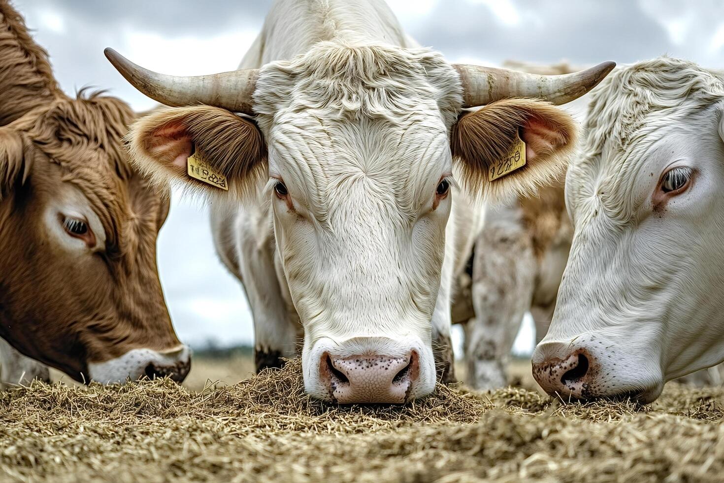 Cows eating hay in a field on a cloudy day photo