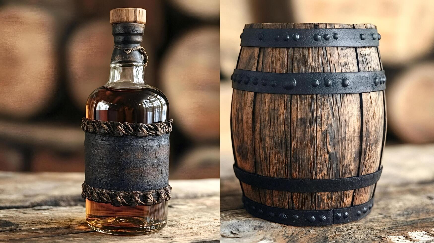 Glass bottle and wooden barrel of aged whiskey resting on rustic table photo