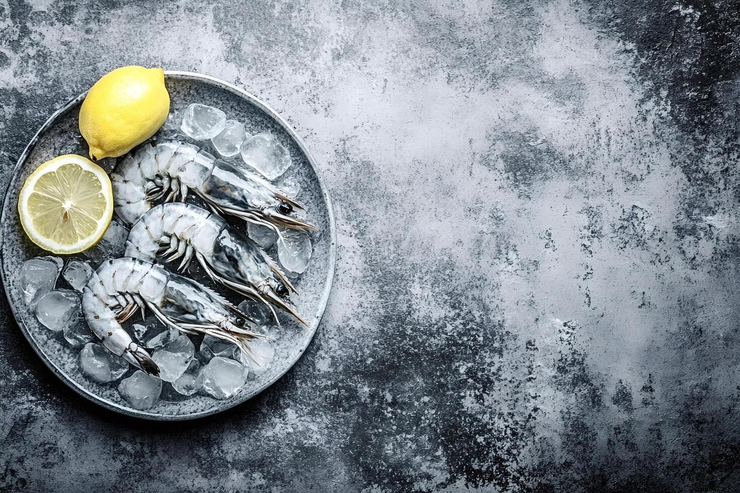 Fresh raw black tiger shrimps resting on ice with lemon slices photo