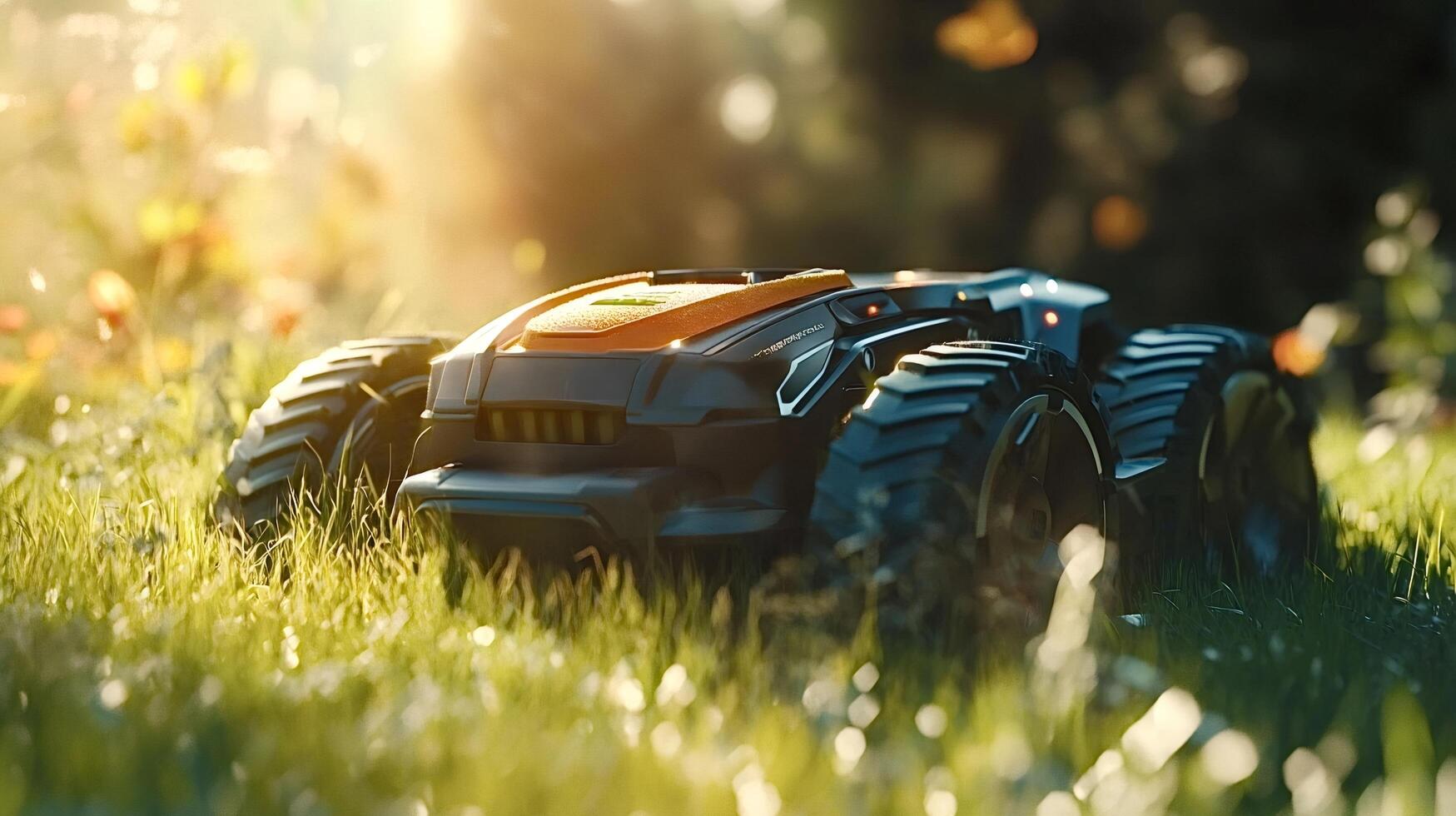 Autonomous lawn mower cutting grass in a garden at sunset photo
