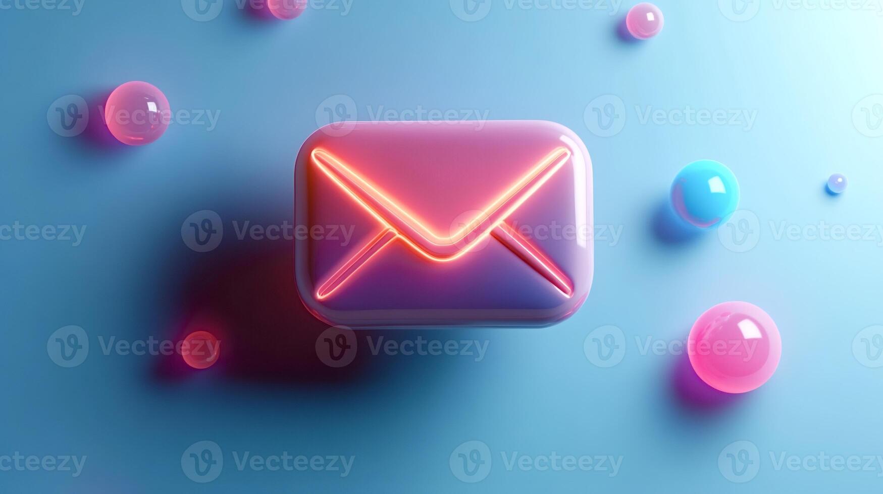 Neon pink email icon hovering on a blue background with colorful spheres photo
