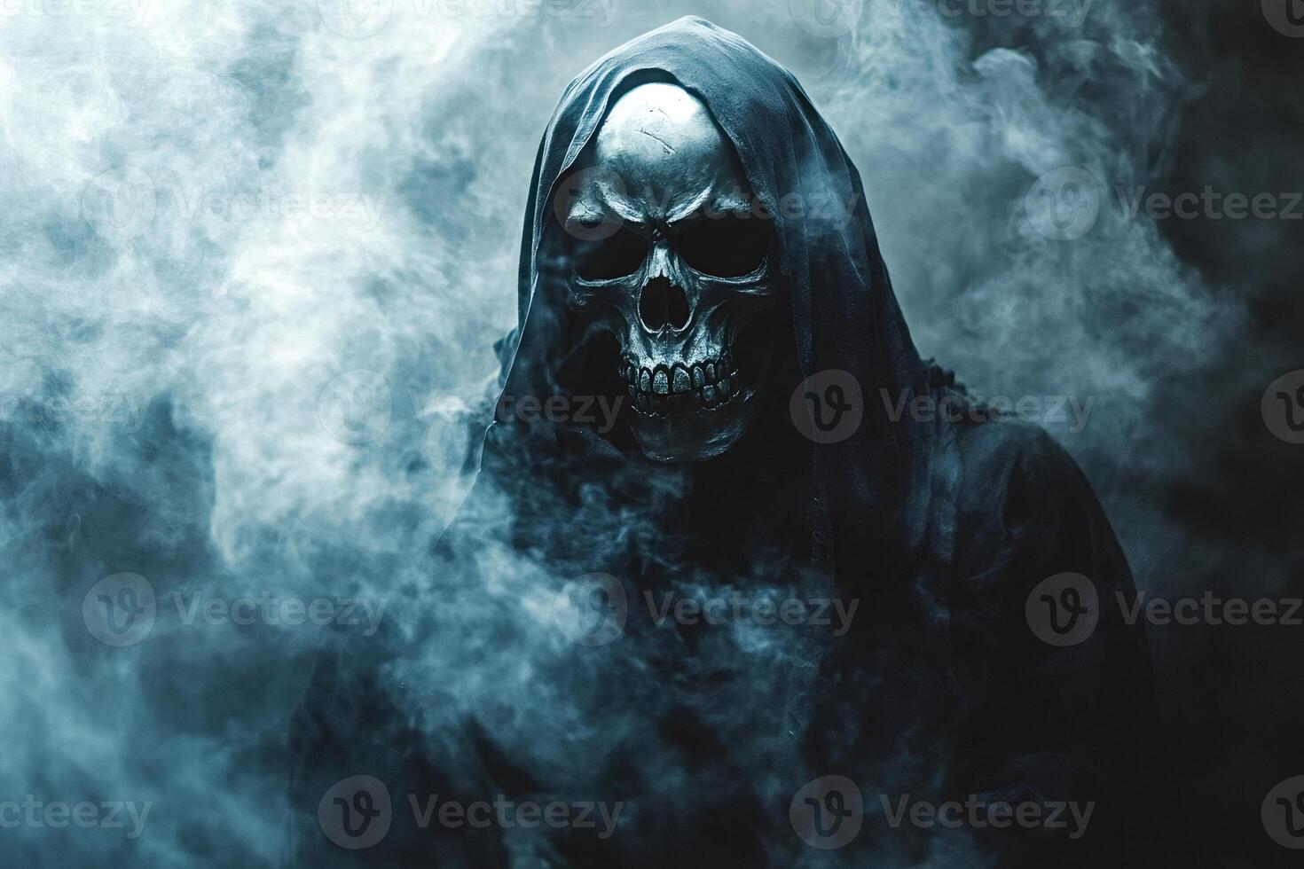Grim reaper emerging from dark smoke with skull mask photo