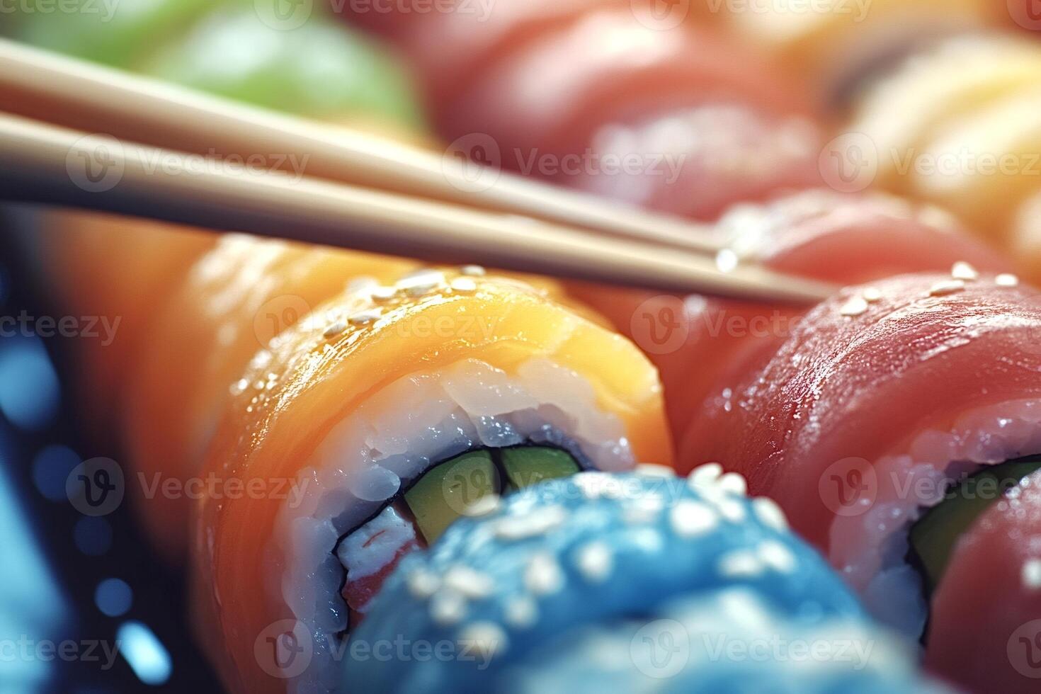 Chopsticks picking up salmon uramaki from colorful sushi set photo