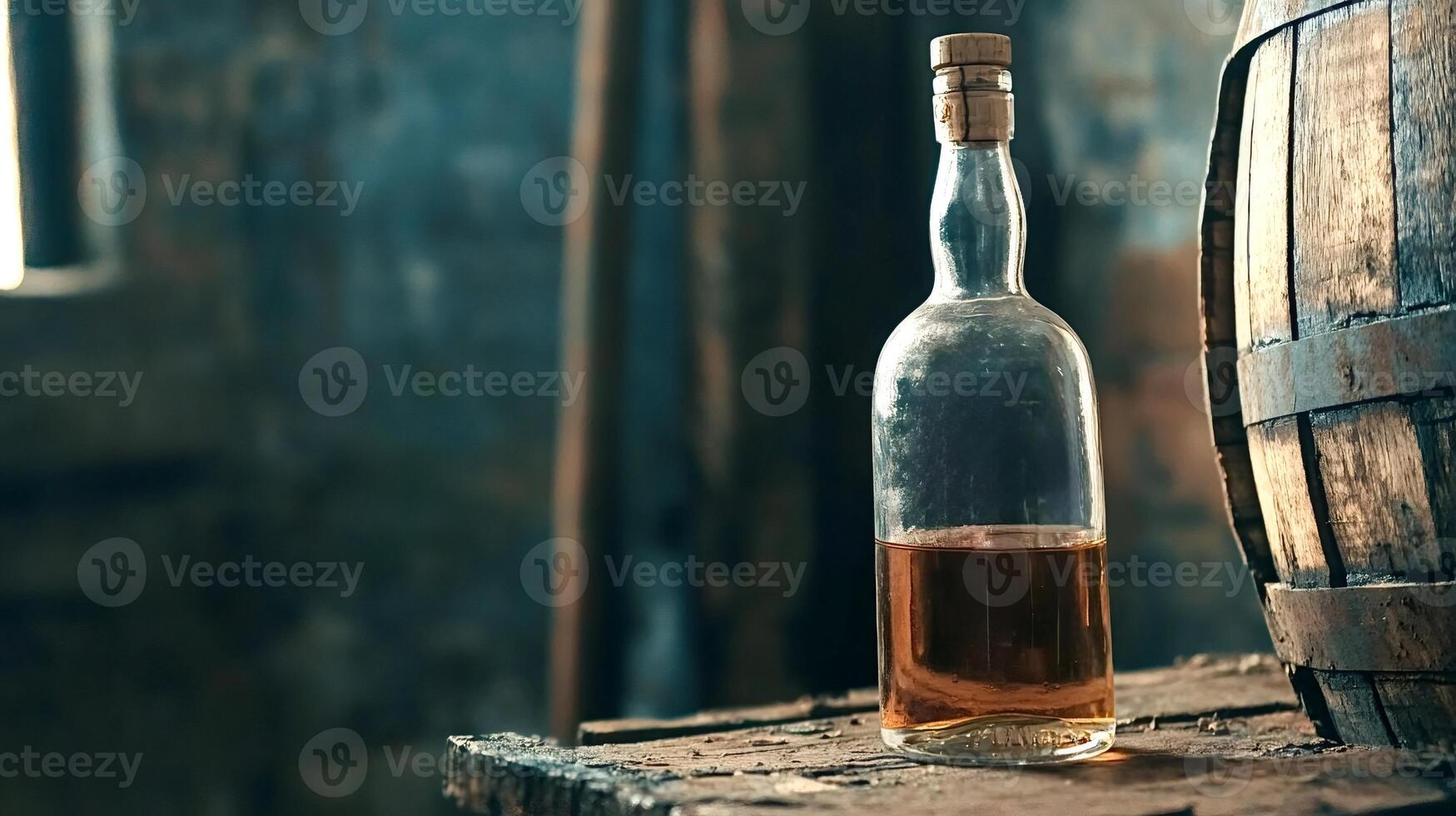 Bottle of aged whisky resting on rustic wooden crate in cellar photo