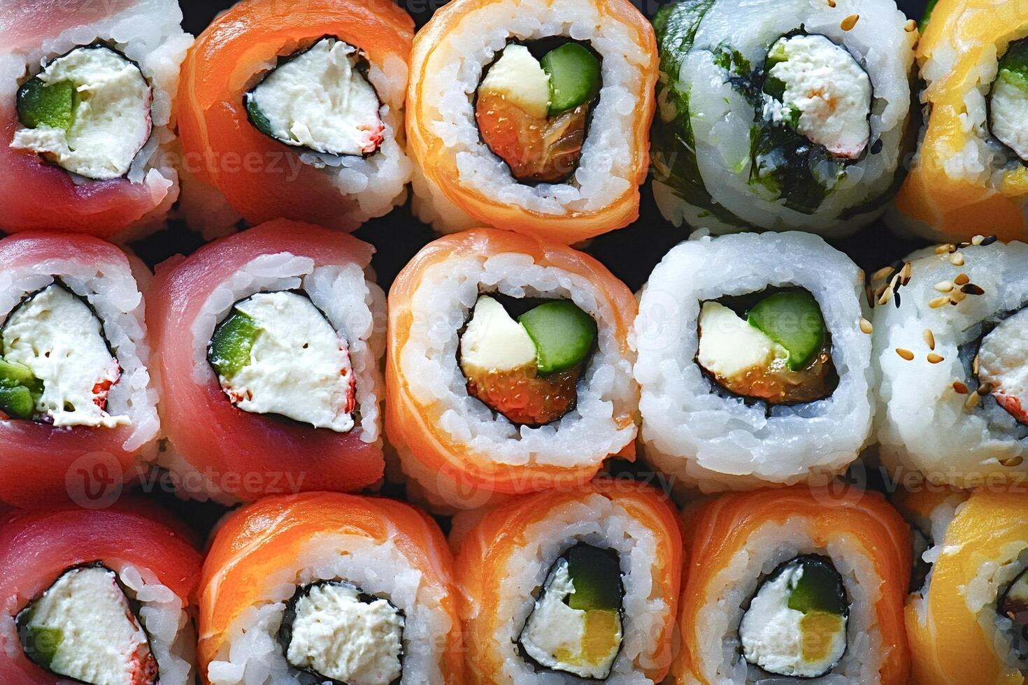 Delicious colorful uramaki sushi rolls with various fillings are neatly arranged photo