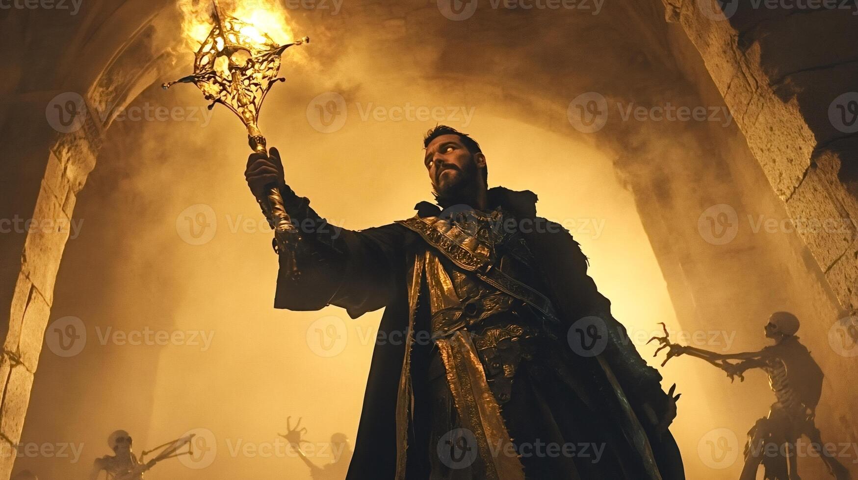 Medieval fantasy warrior holding torch fighting skeletons in dungeon photo