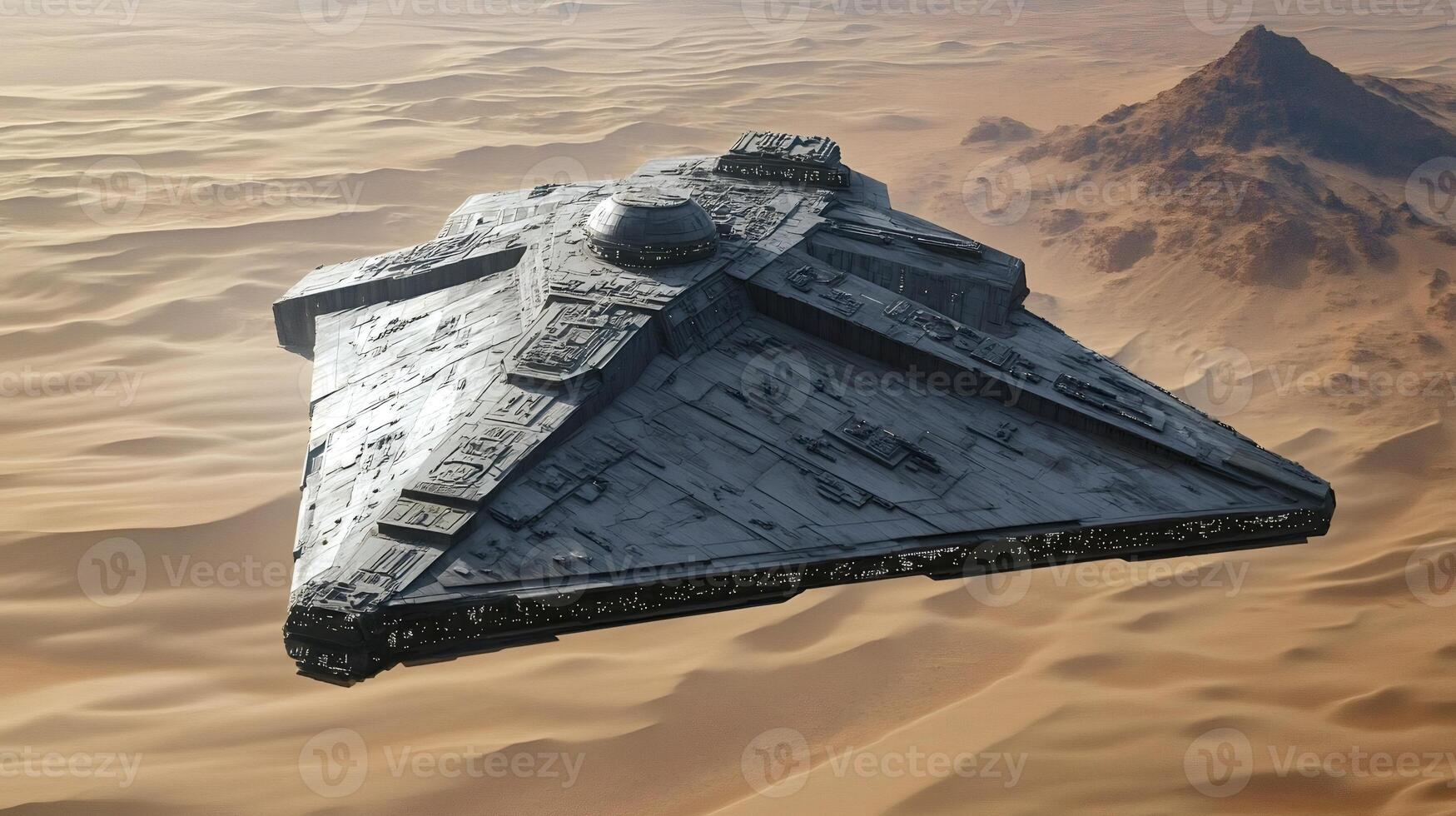 Huge spaceship flying over desert planet with mountains photo