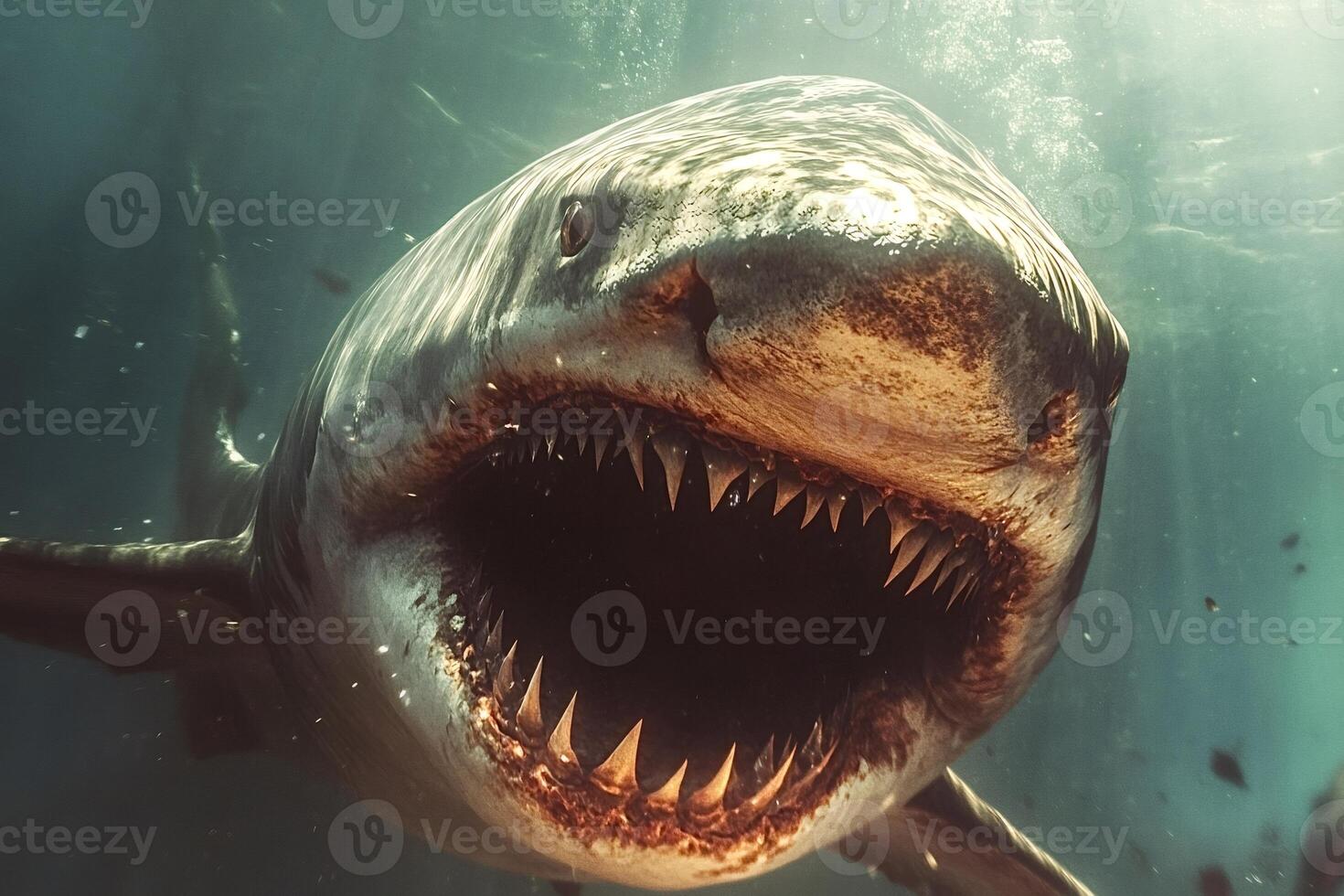 Great white shark opening its huge jaws showing its teeth underwater photo