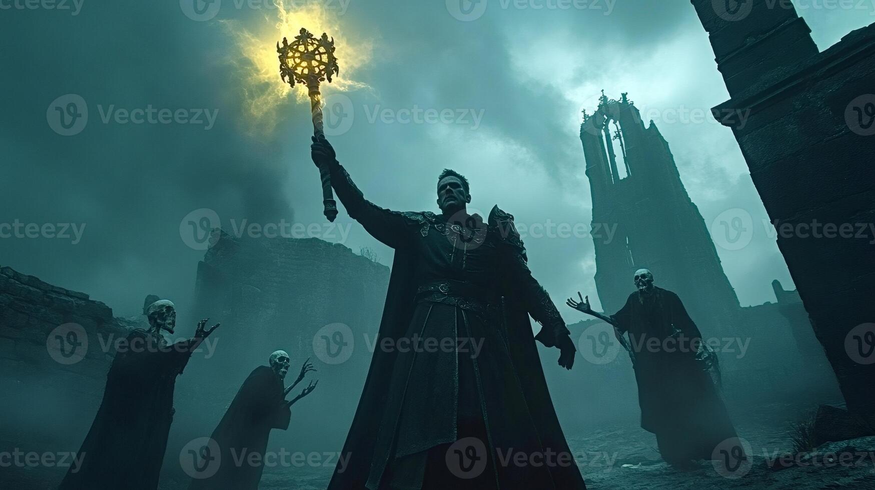 King holding glowing cross and commanding skeletons in medieval ruins photo