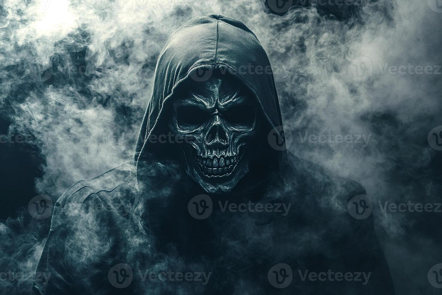 Spooky figure wearing skull mask emerging from dark smoke photo