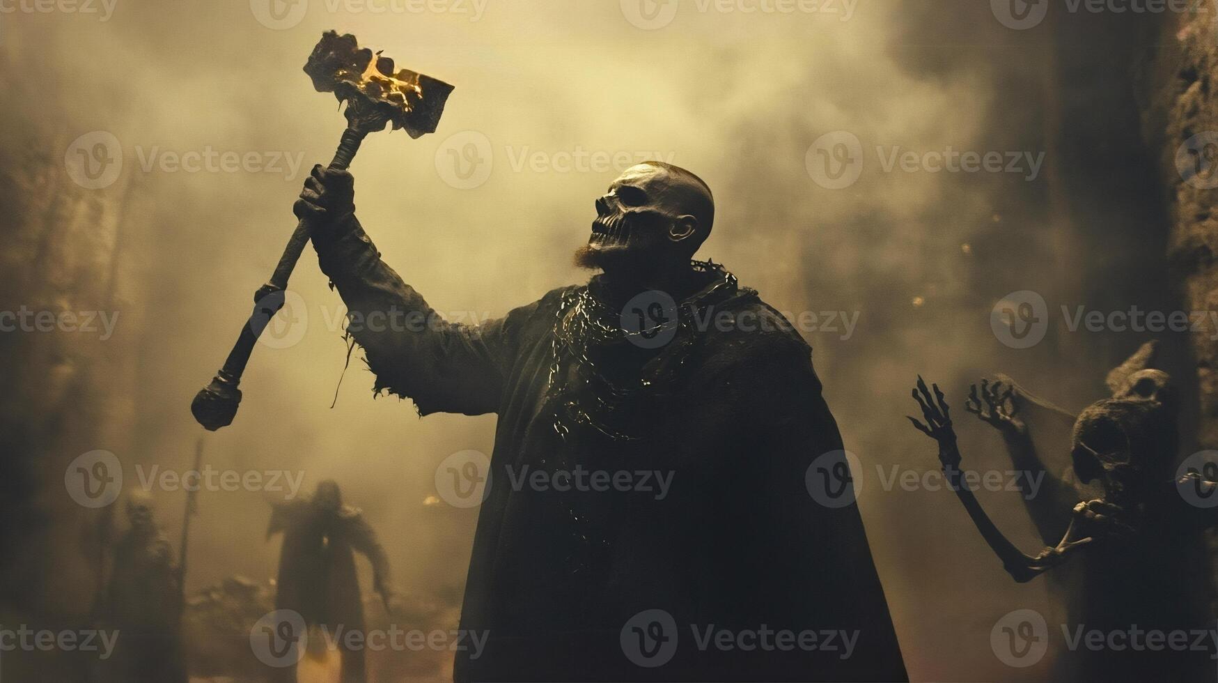 Necromancer raising an army of skeletons in a smoky dungeon photo