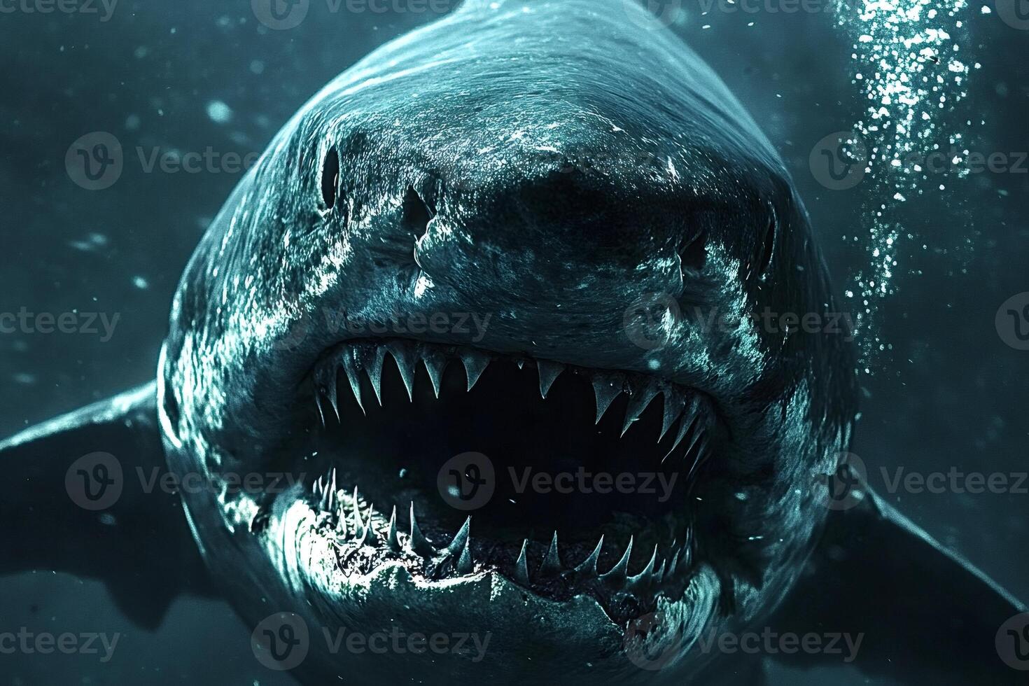 Great white shark showing its teeth underwater photo