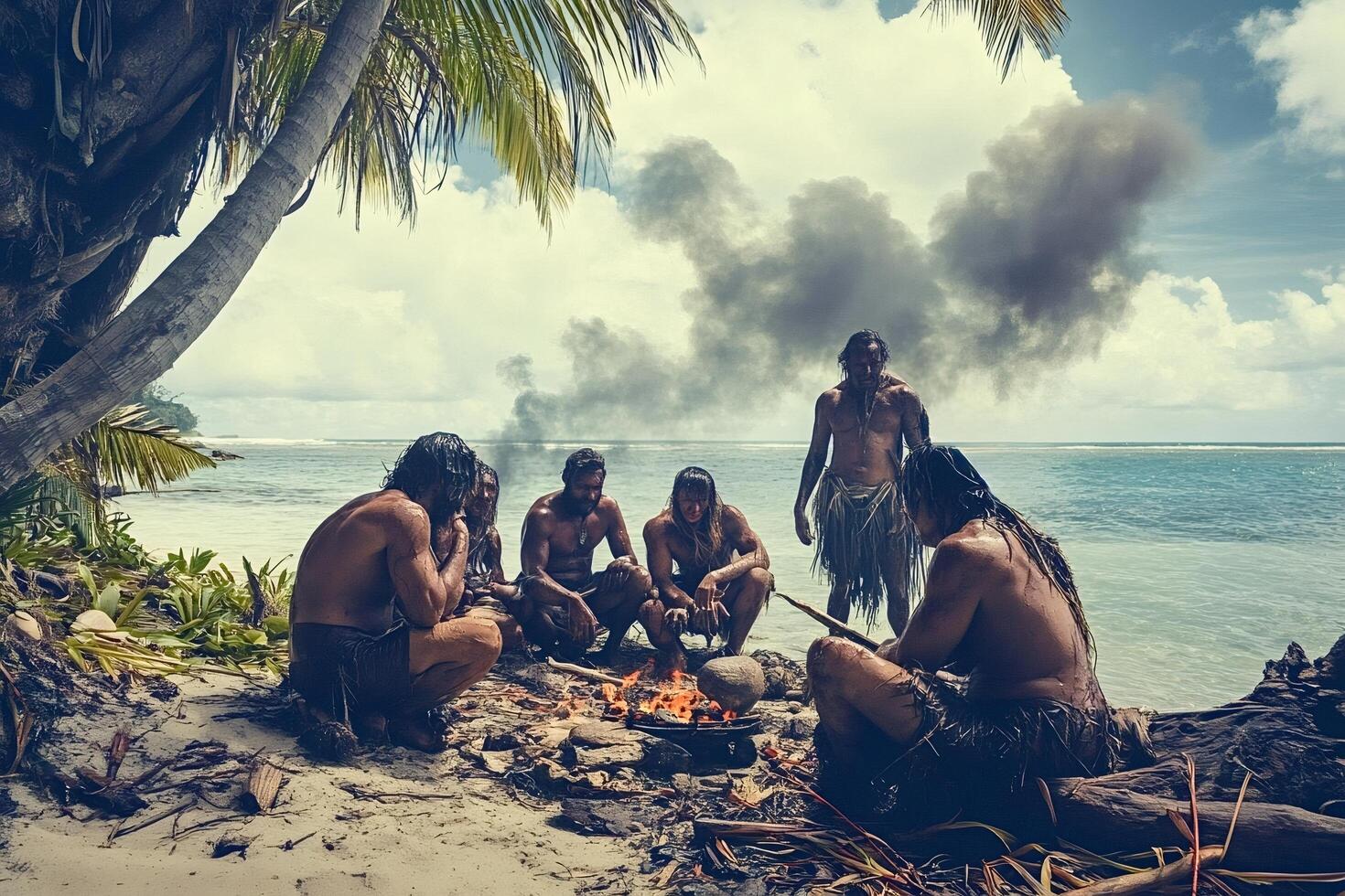 Indigenous tribe gathering around fire on tropical beach photo