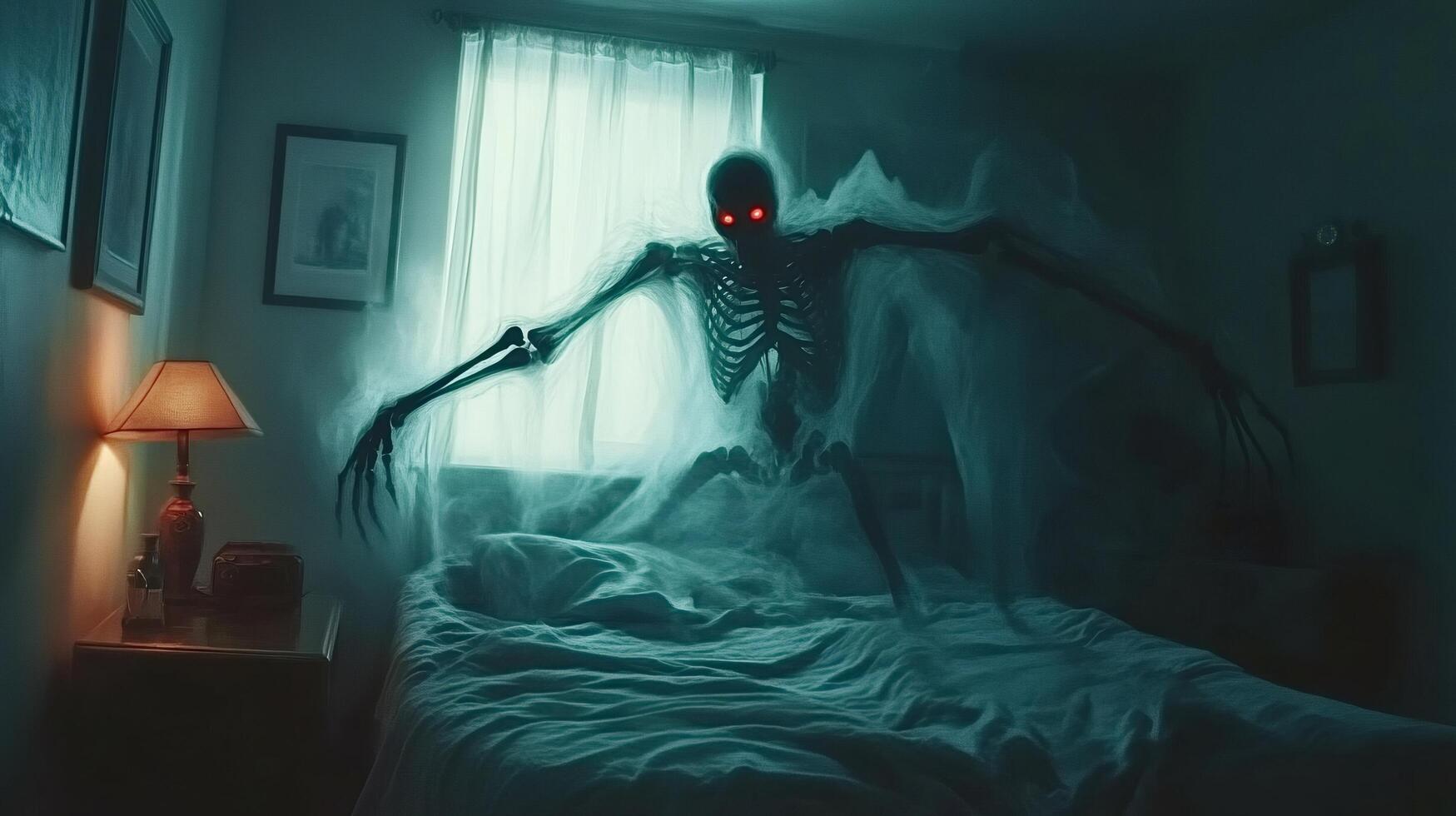 Scary skeleton ghost hovering over bed in dark bedroom photo