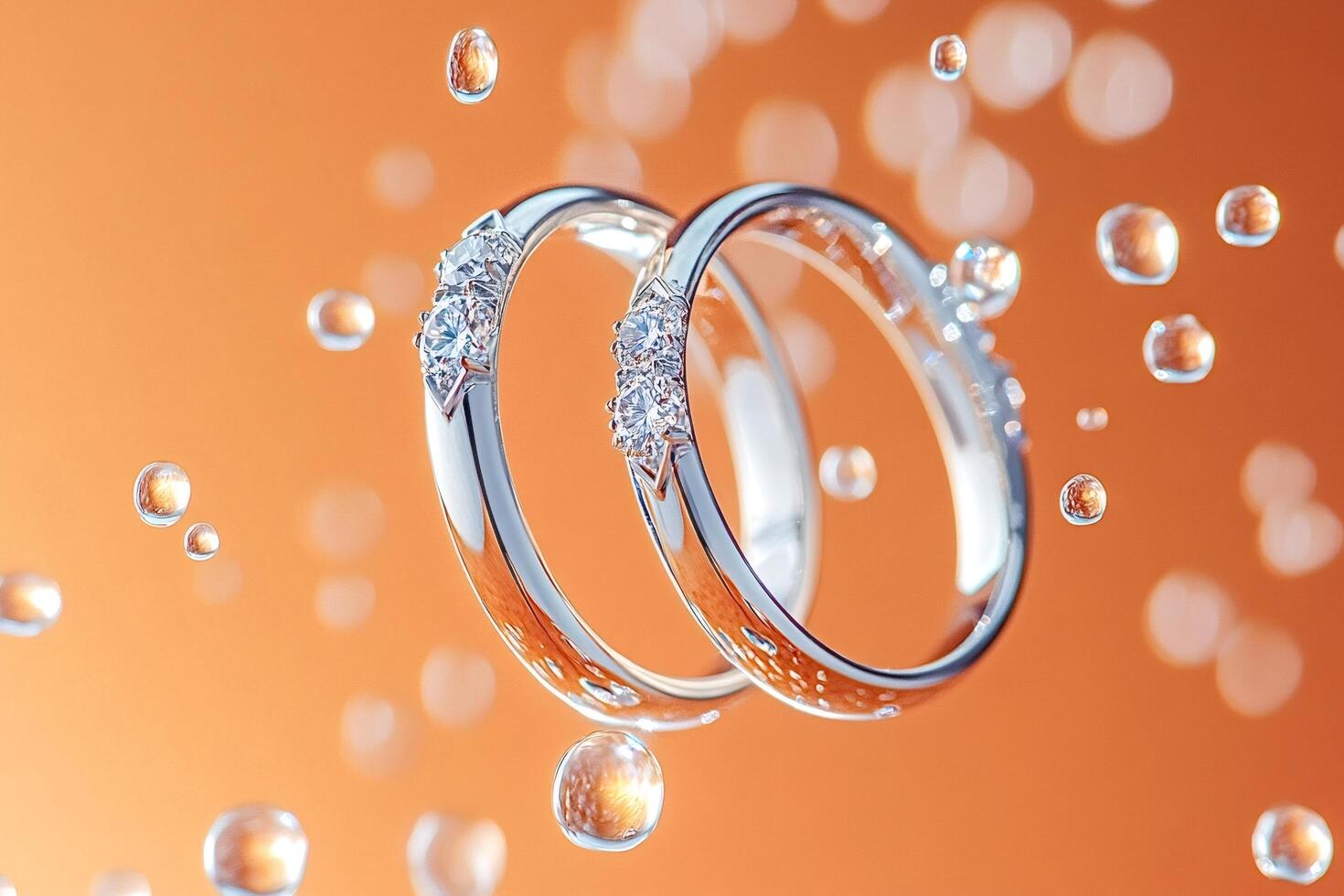 Two wedding rings with diamonds floating on orange background with water drops photo