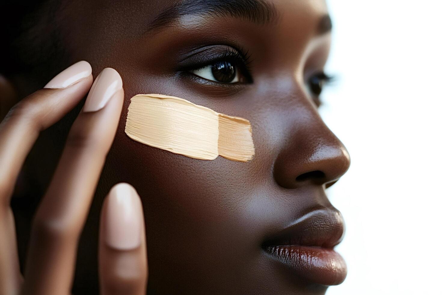 Beautiful black woman applying foundation shades on face photo