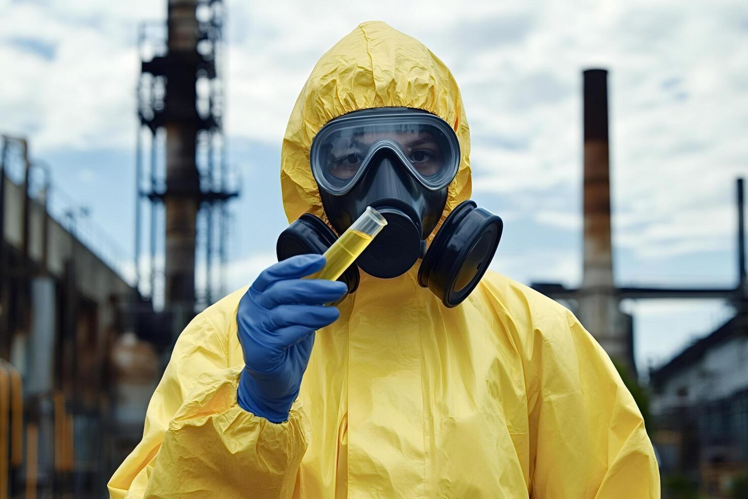Scientist in hazmat suit examining contaminated sample at industrial site photo