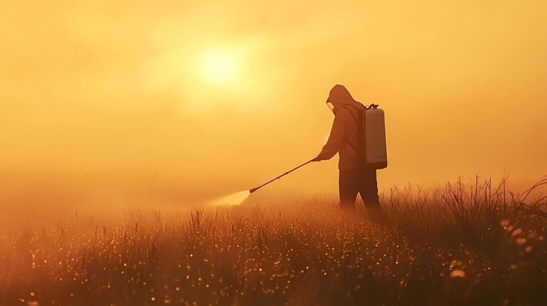 Farmer spraying pesticides at sunrise in a foggy field photo