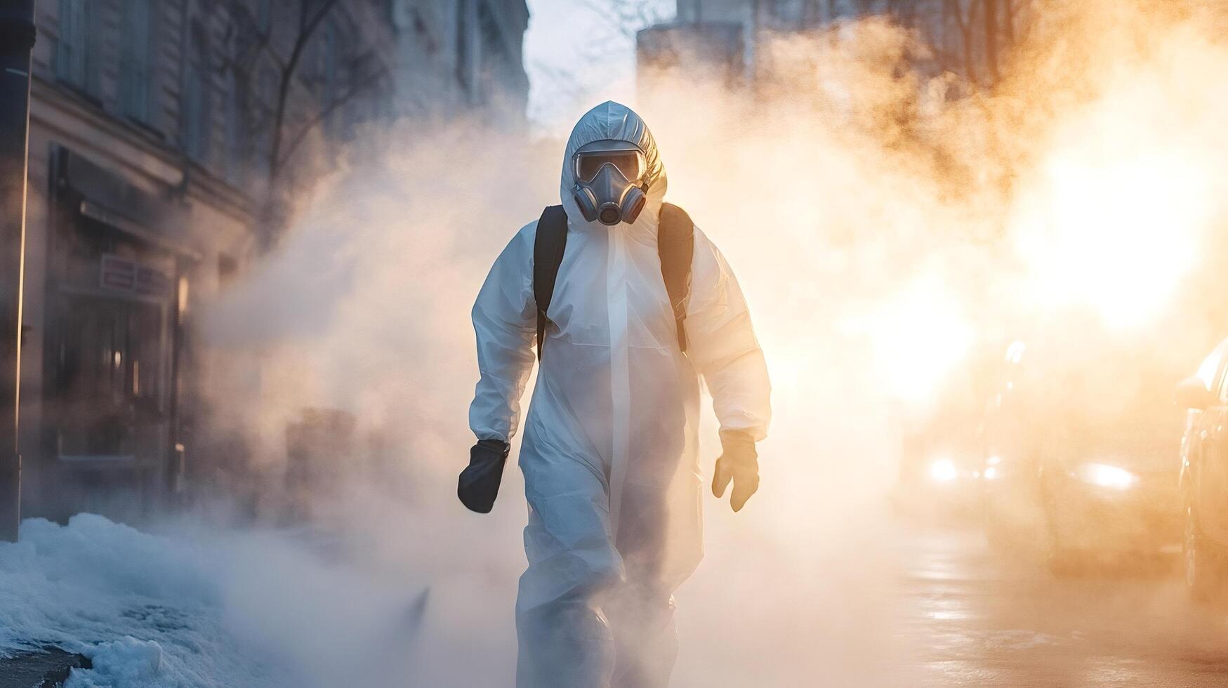 Scientist wearing hazmat suit and gas mask walking in urban street during pandem photo