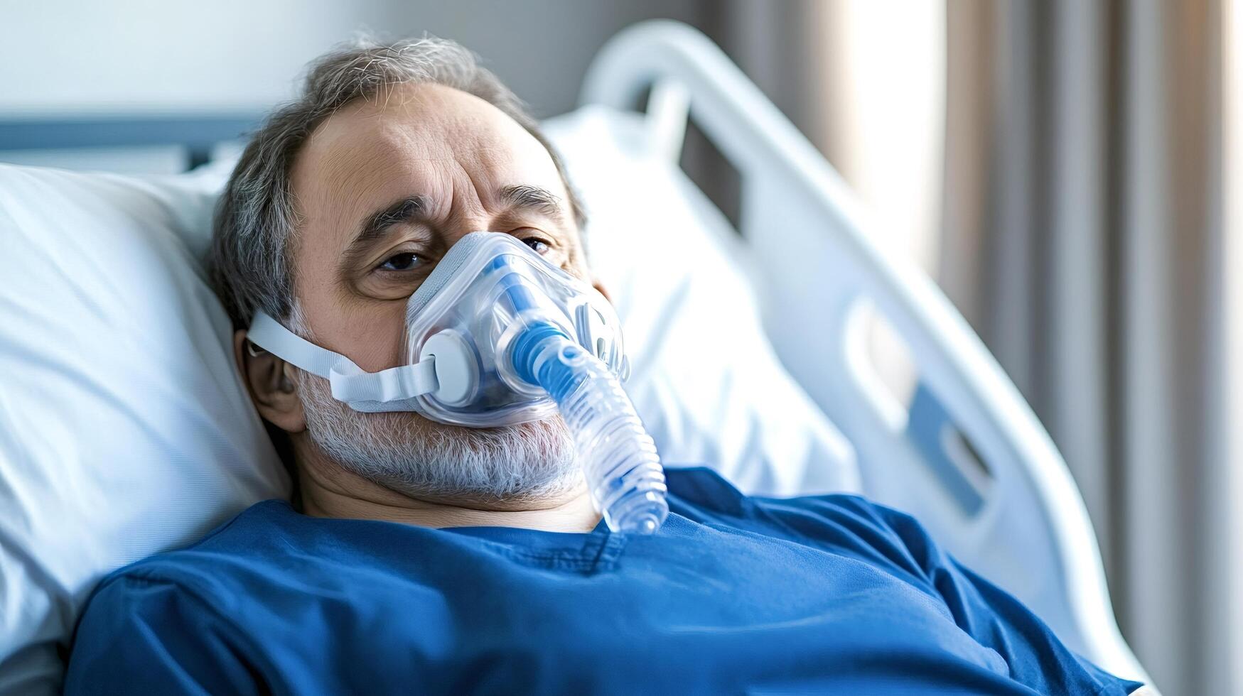 Senior patient wearing oxygen mask lying in hospital bed recovering photo