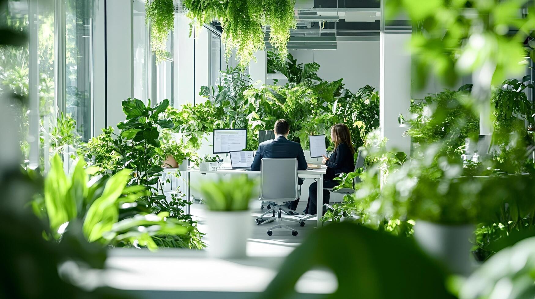 Businesspeople working in a green and eco-friendly office photo