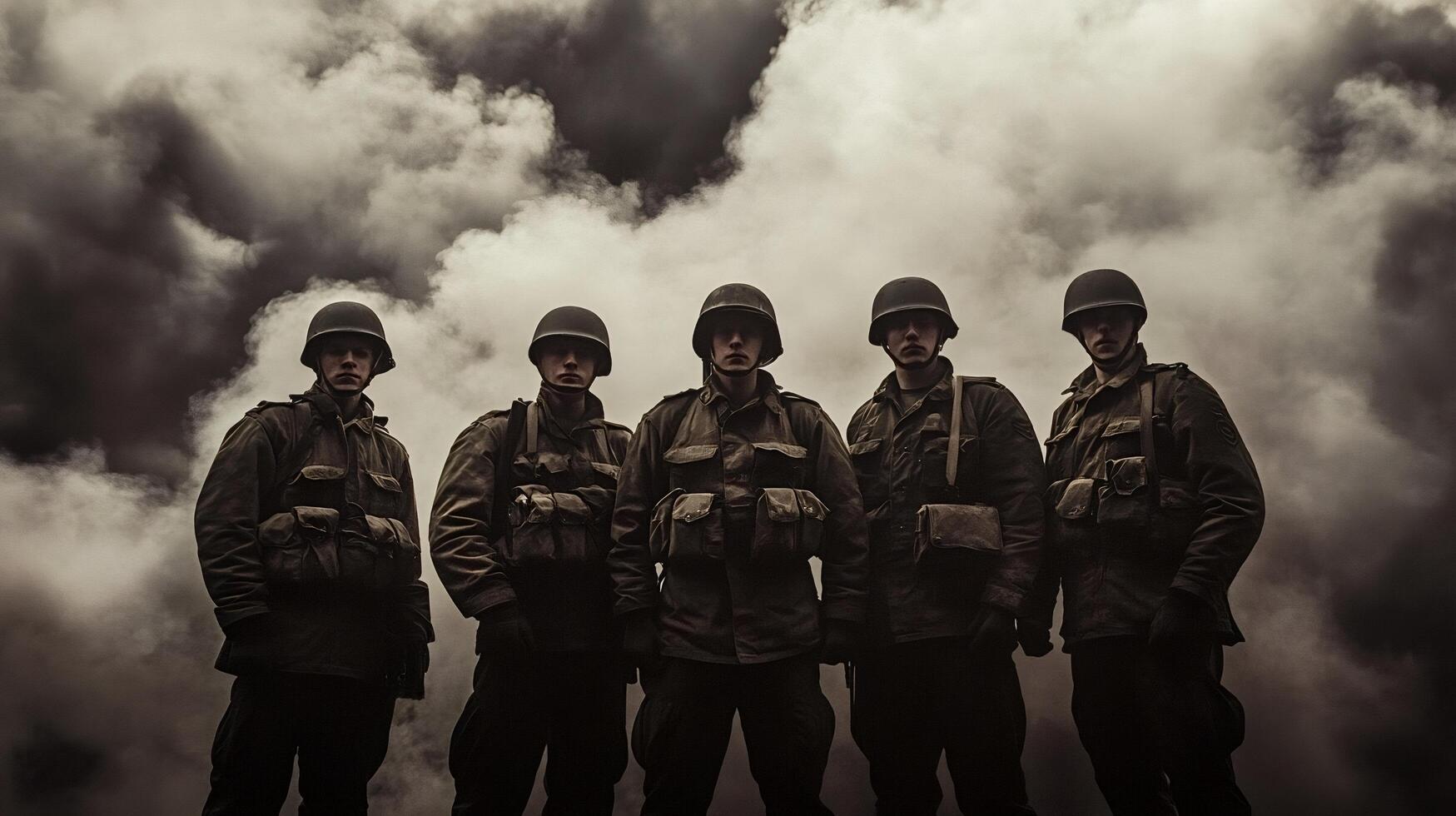 World war ii soldiers standing united against a smoky battlefield photo