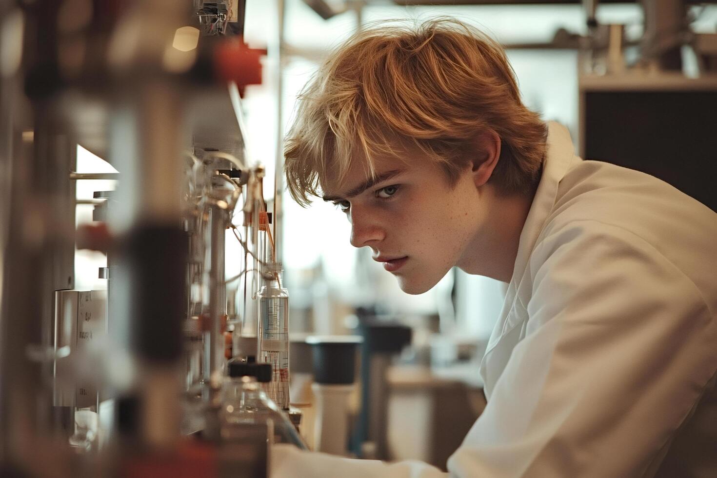 Young scientist carefully observing experiment in laboratory photo