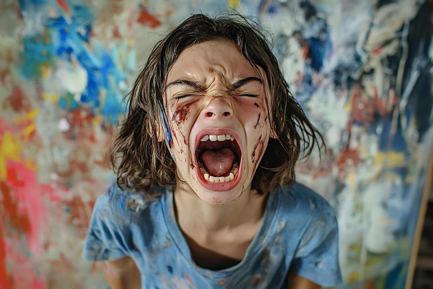 Young artist screaming covered in paint in front of colorful canvas photo