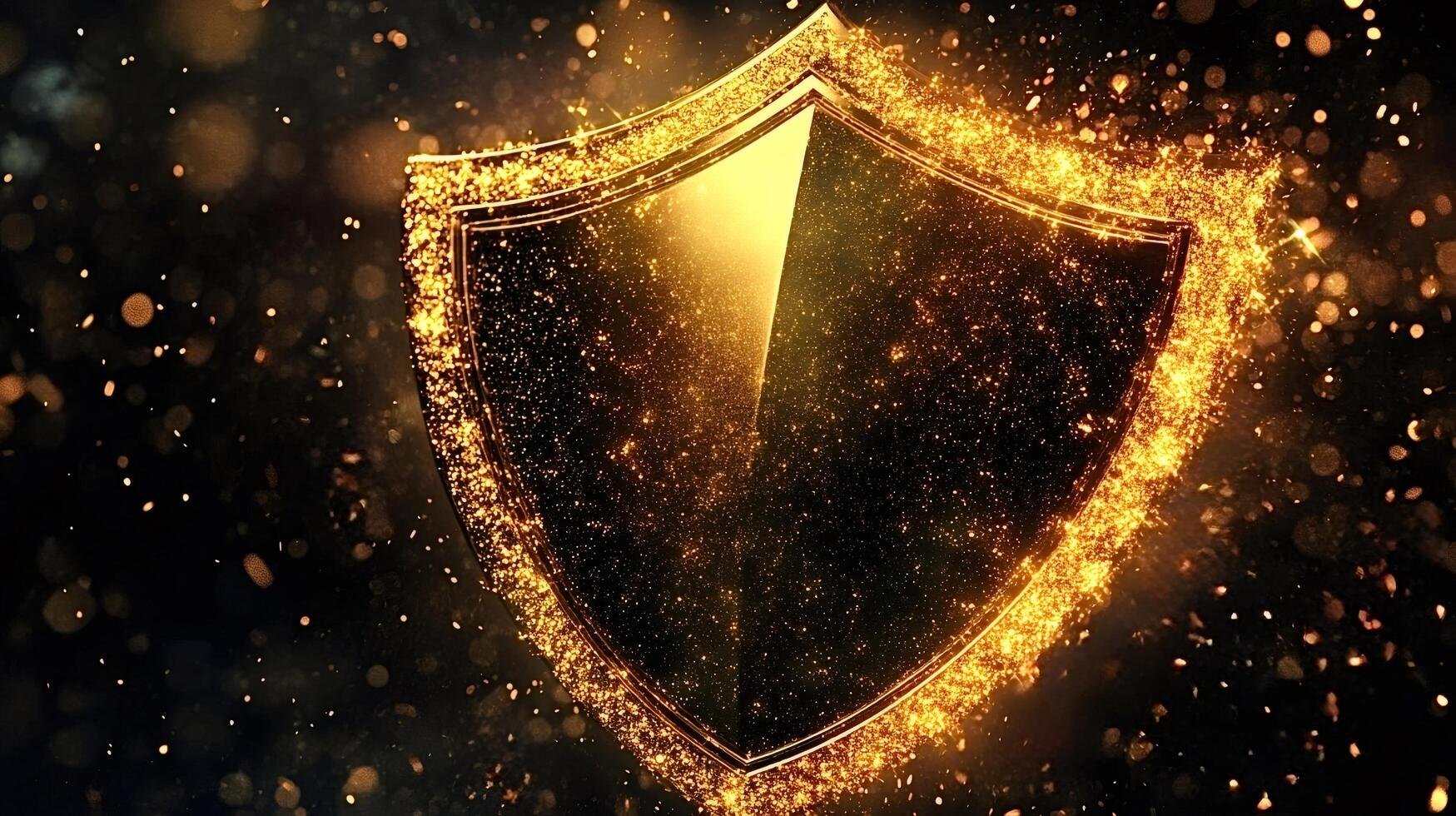 Golden shield glowing and sparkling on a black background photo