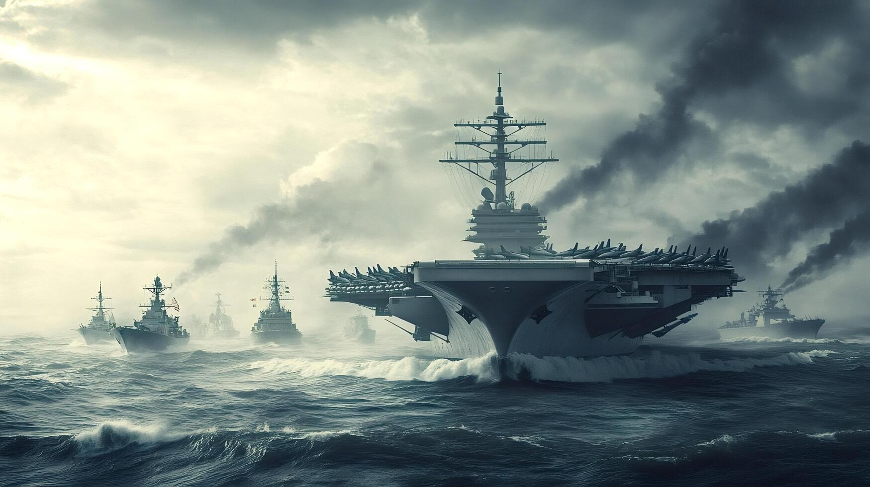 Us navy aircraft carrier and warships sailing in formation photo