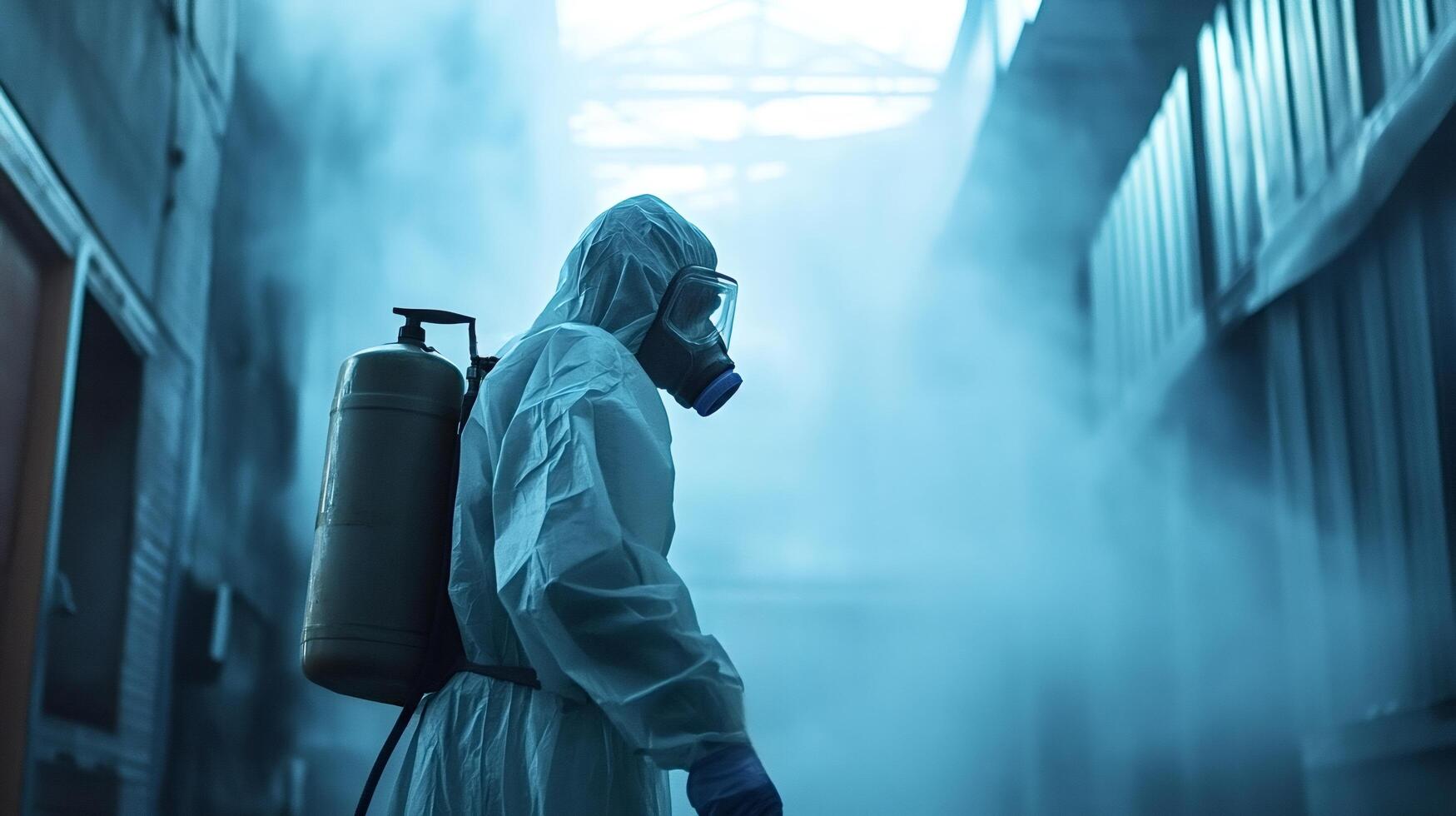 Scientist disinfecting contaminated area wearing hazmat suit photo