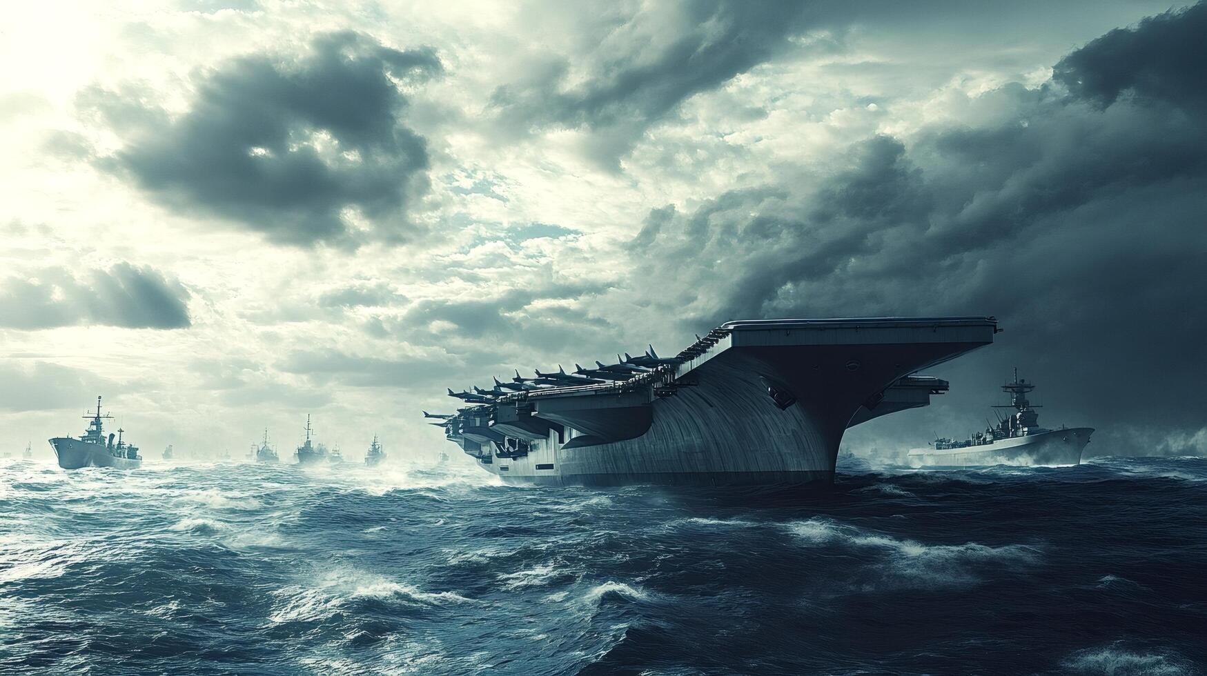 Aircraft carrier and warships sailing in rough seas under dark clouds photo