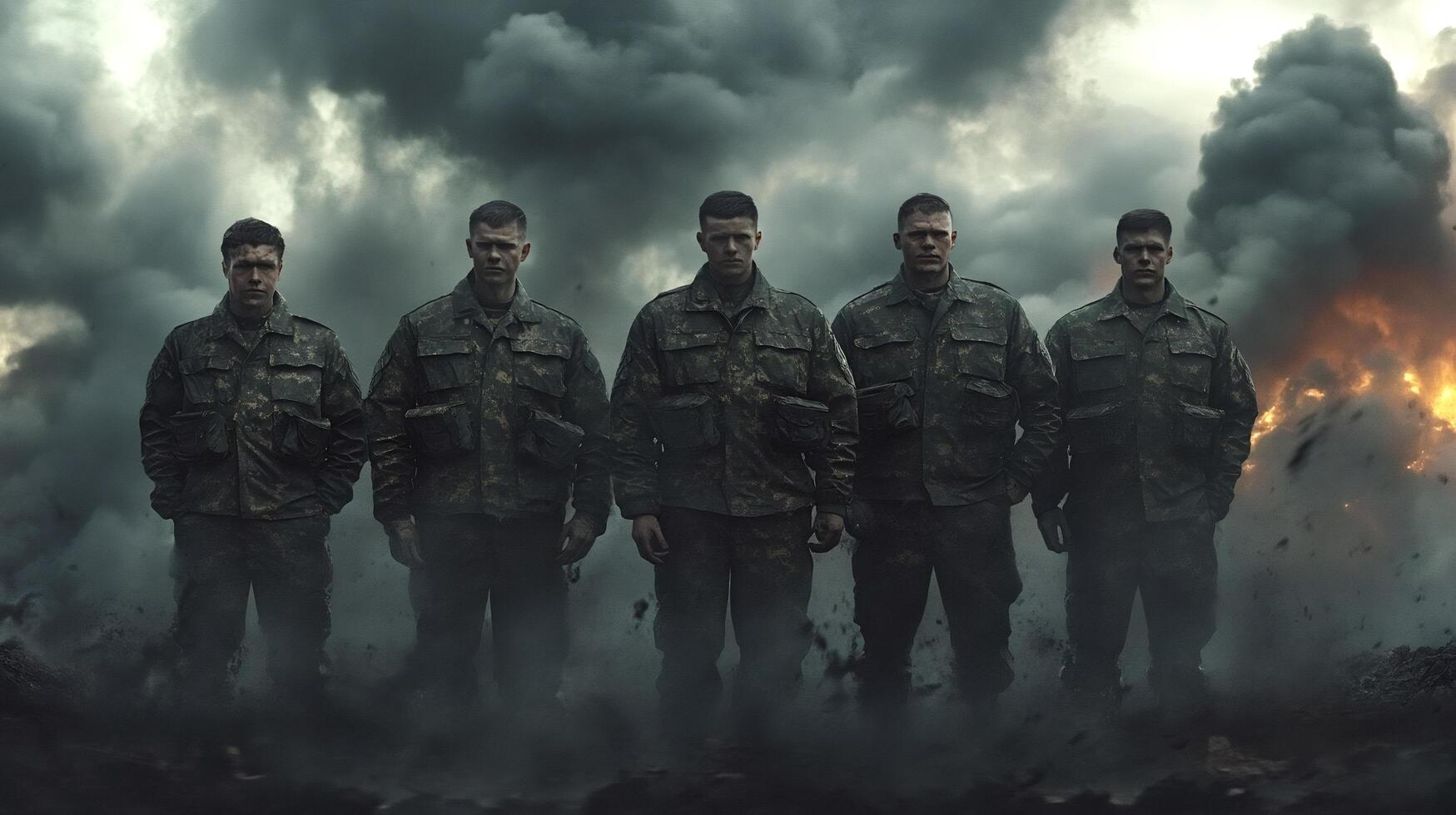 Five american soldiers standing strong together in battlefield smoke and fire photo