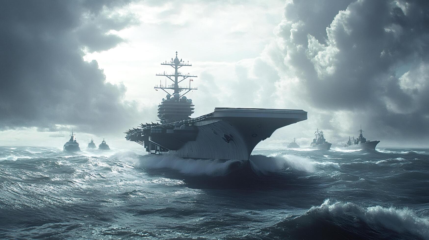 Aircraft carrier and escort ships sailing in rough seas during a military operat photo