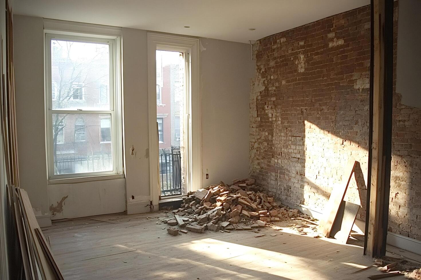 Sunlight entering room under renovation exposing brick wall photo