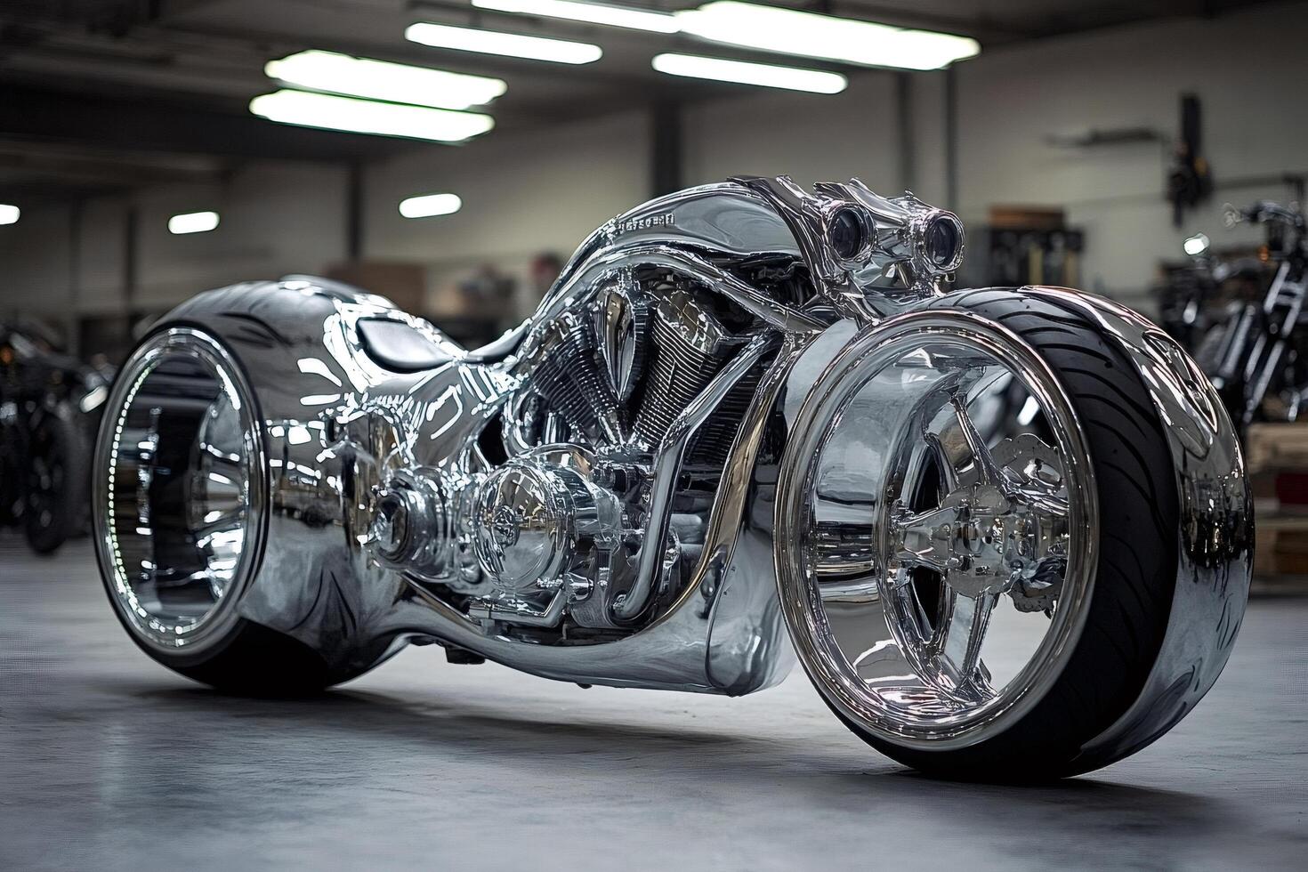 Custom chrome motorcycle shining in workshop garage photo