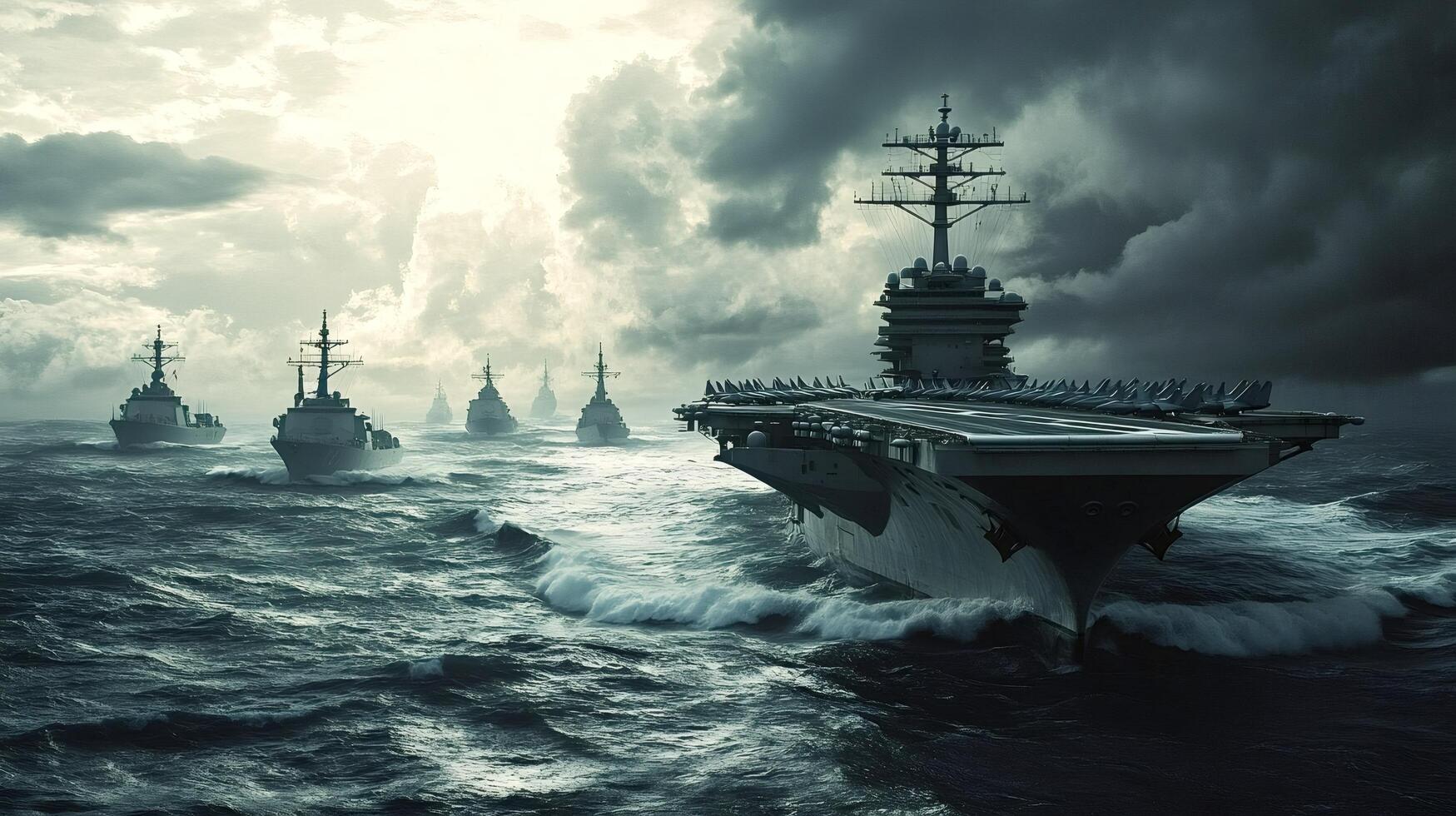 American aircraft carrier and warships sailing in the ocean photo