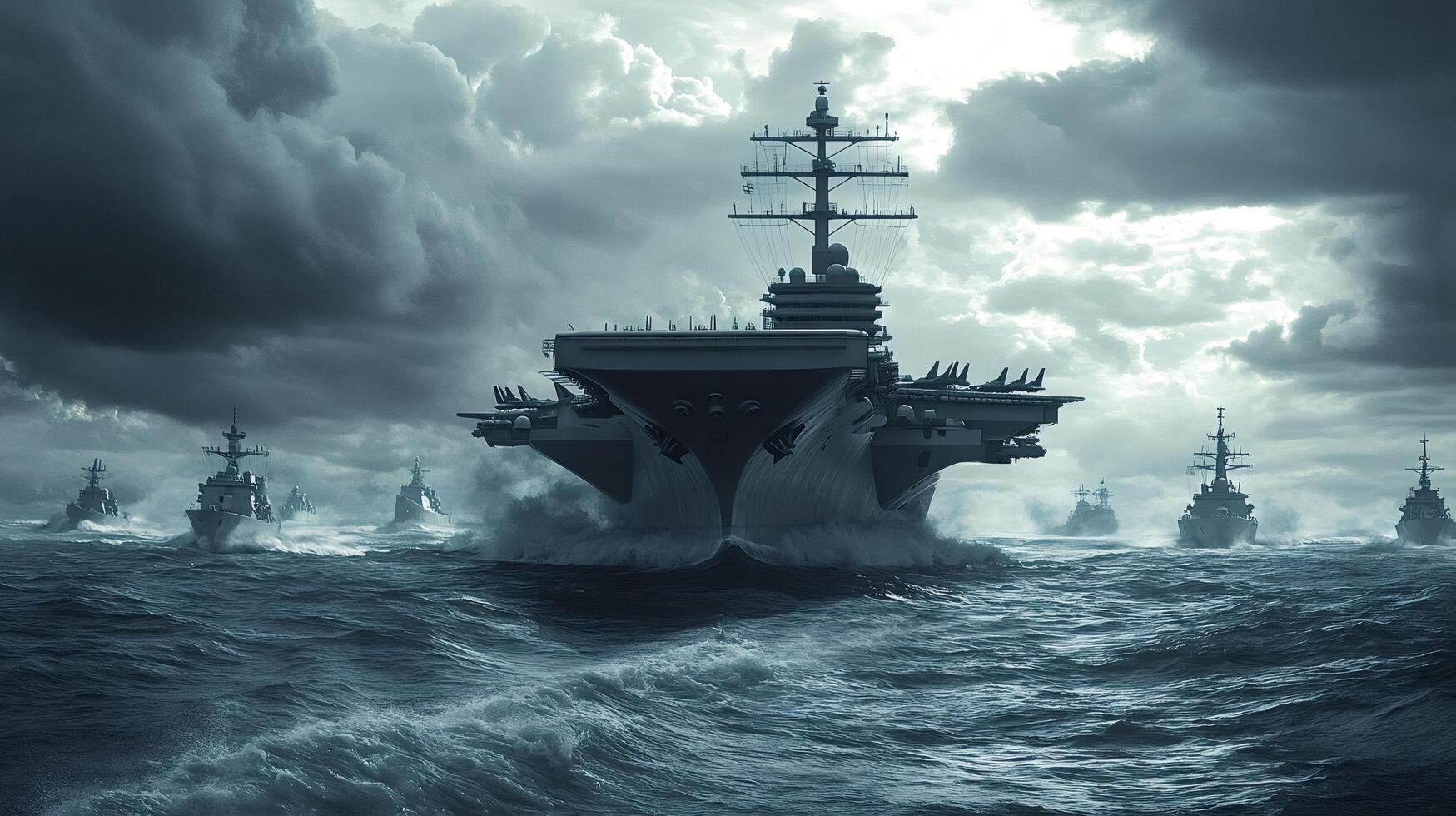 Aircraft carrier and escort ships sailing in rough seas under stormy sky photo