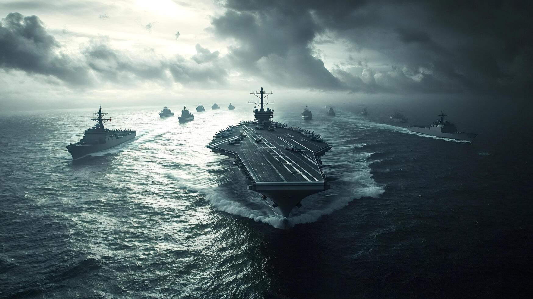 Aircraft carrier and warships sailing in formation under dramatic sky photo