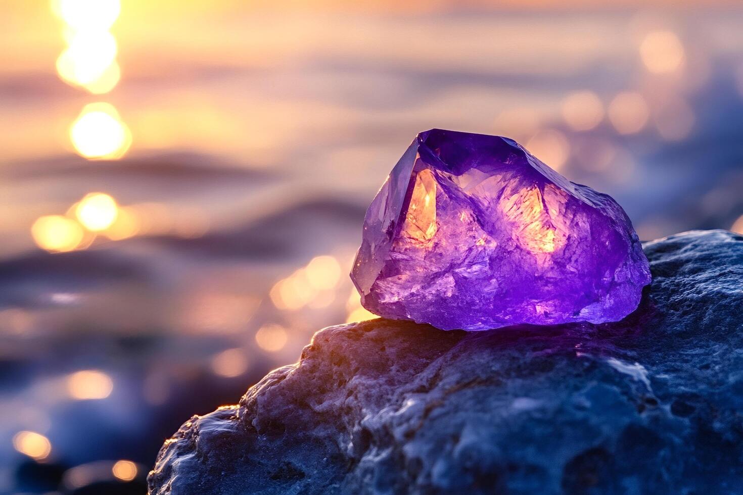 Large amethyst crystal glowing on rock at sunset by the sea photo