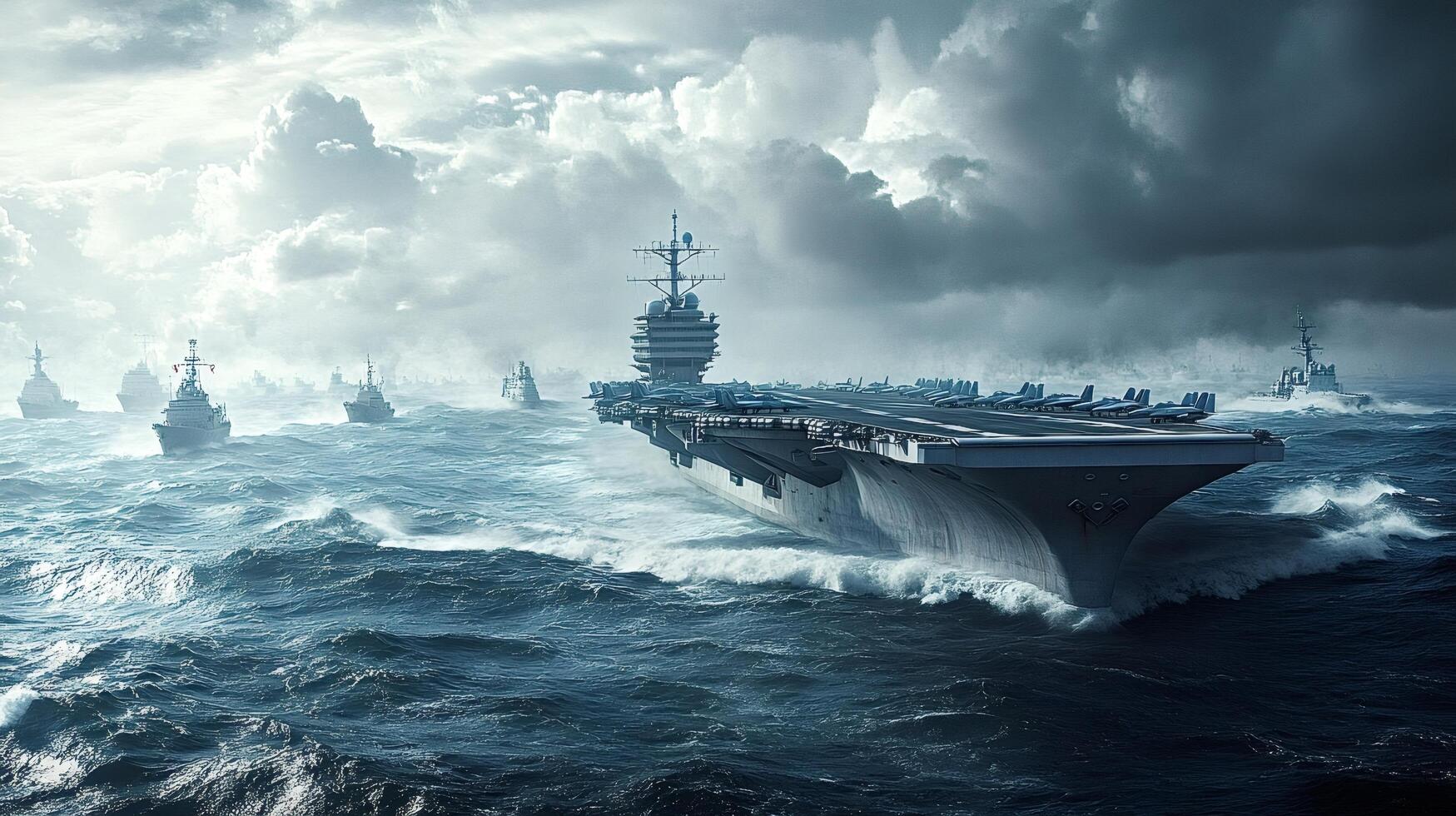 Aircraft carrier and warships sailing in rough seas during a military operation photo