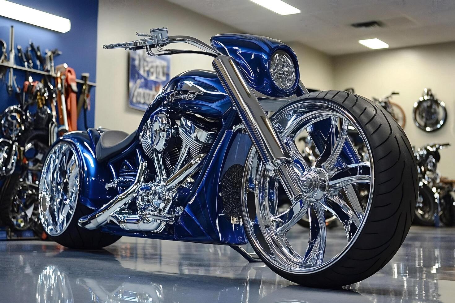 Powerful custom chopper motorcycle parked in garage or showroom photo