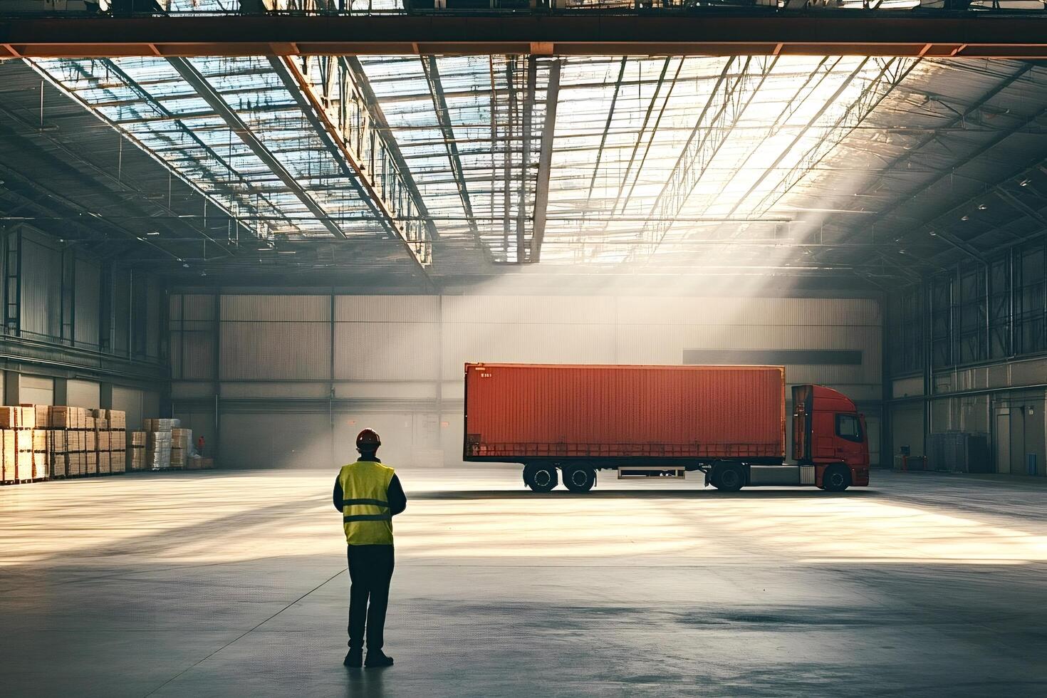 Warehouse worker supervising load of goods in a truck inside industrial building photo