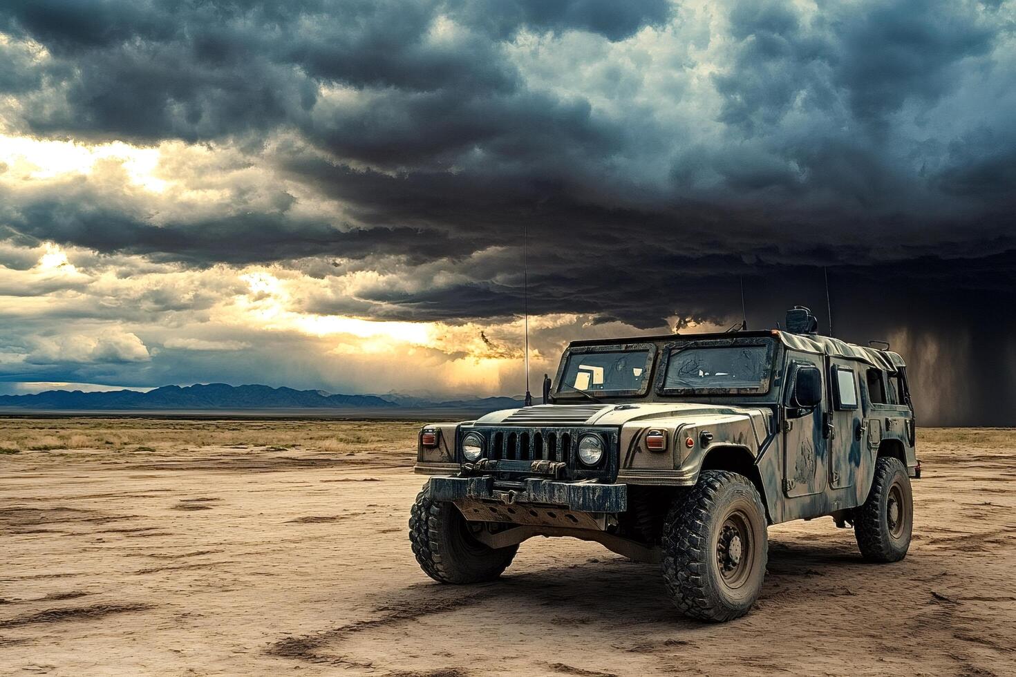 Military humvee parked in desert awaiting approaching storm photo