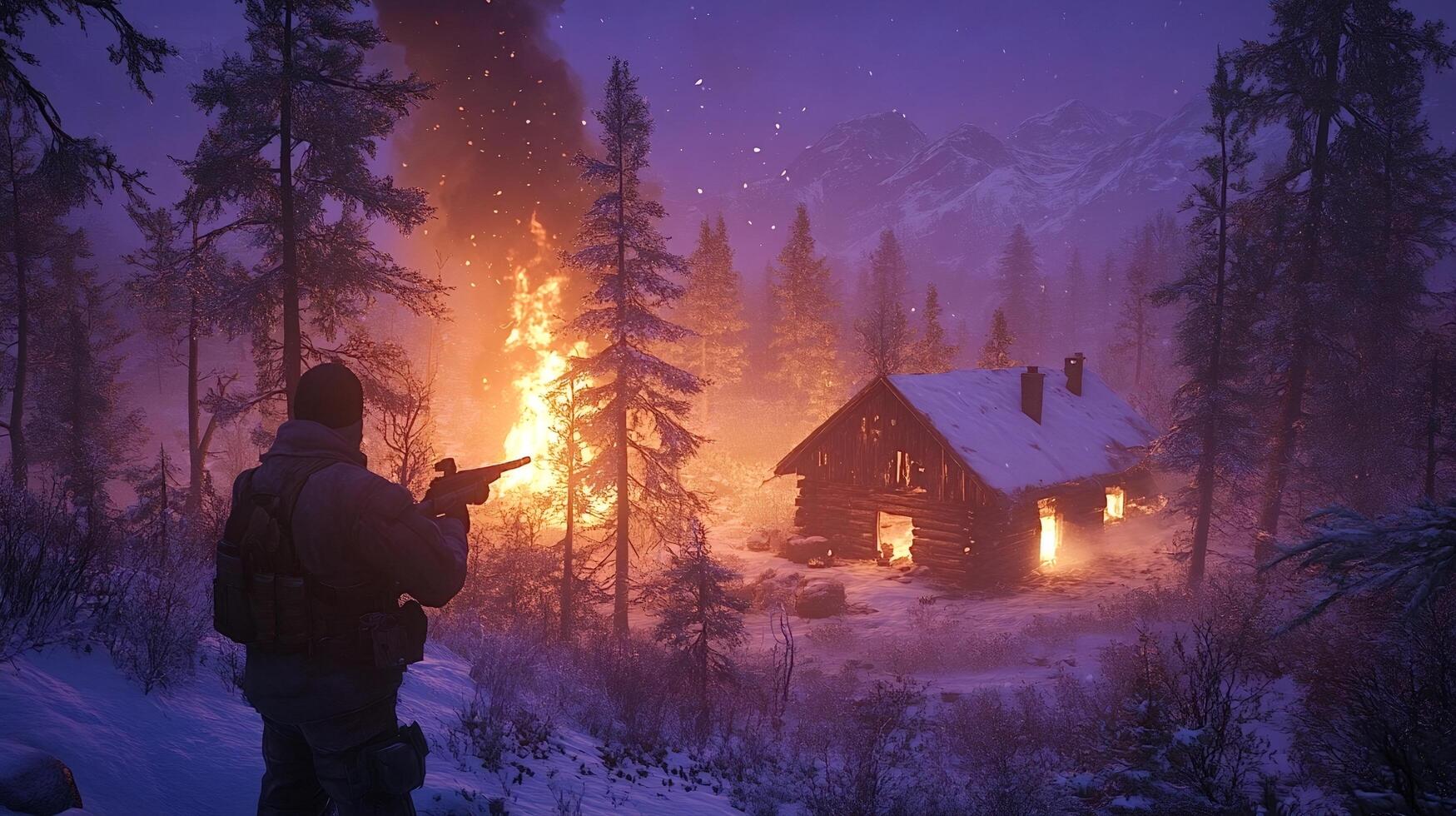 Soldier watching burning trees and abandoned cabin in snowy forest at night photo
