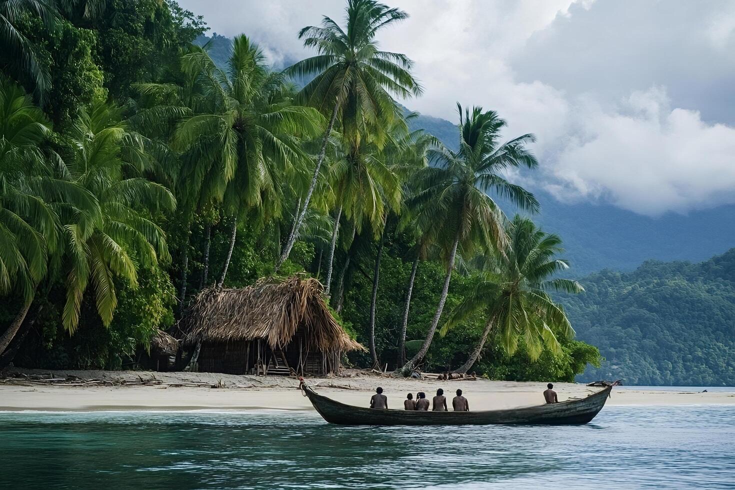 Natives sailing traditional pirogue near tropical island coastline with palm photo