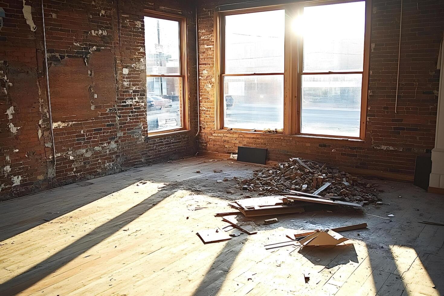 Sunlight illuminating debris in room with exposed brick walls photo