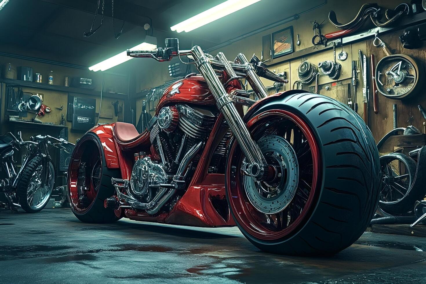 Customized red chopper motorcycle parked in garage or workshop photo