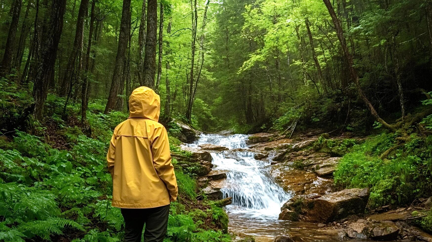 Hiker wearing yellow raincoat contemplating waterfall in green forest photo