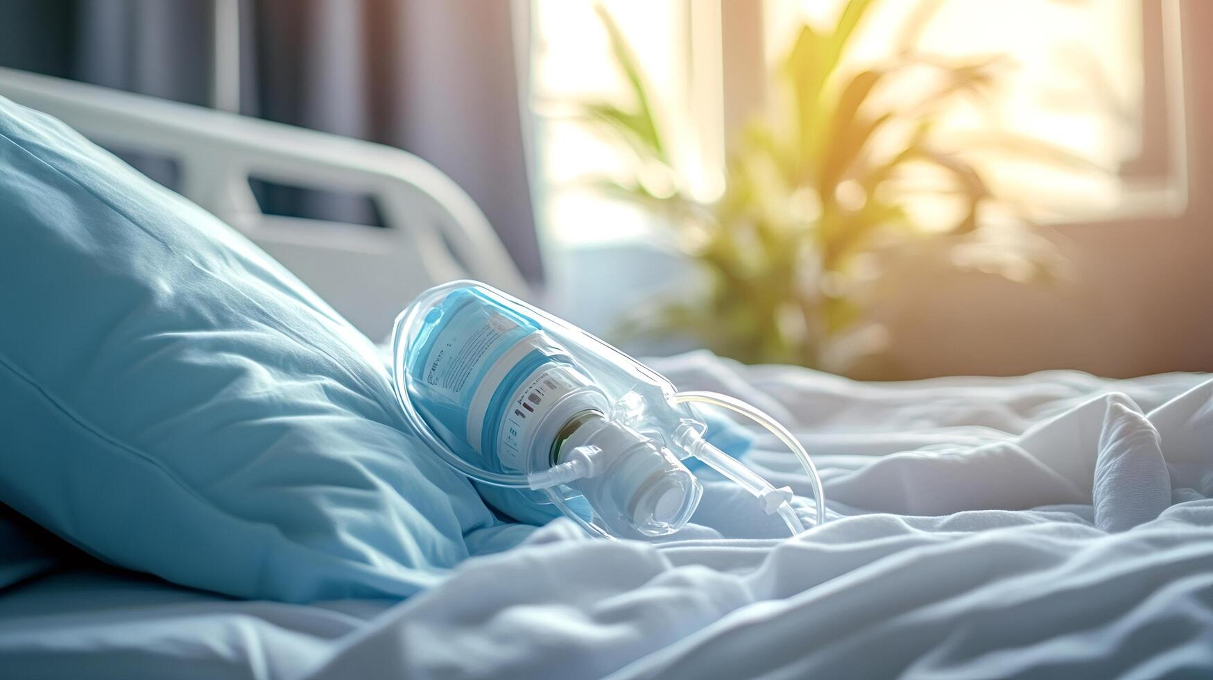 Oxygen mask lying on empty hospital bed in bright room photo